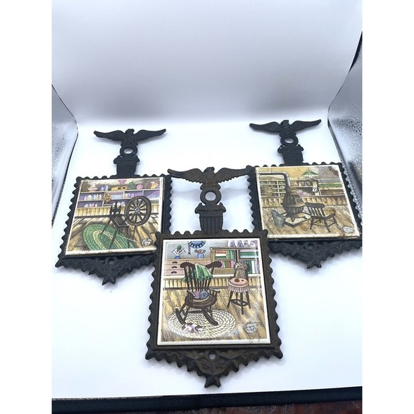 Vintage Eagle Cast Iron Trivets With Hand Painted Tiles Made In Japan - Picture 1 of 9